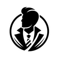 Stylized Black and White Silhouette of a Man in a Circle, Retro Hairstyle, Suit Tie, Side Profile, . vector