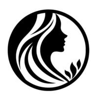 Elegant monochrome silhouette of a womans profile with flowing hair, framed within a circular , incorporating leaves. vector