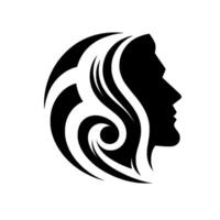 Black and white stylized featuring a womans silhouette with flowing hair intertwined with abstract tribal designs in a circular composition on white. vector