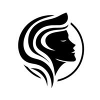 Silhouette of a womans profile within a circle, featuring flowing hair, rendered in a clean black and white style, representing elegance and beauty. vector