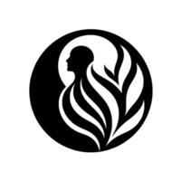Black and White Silhouette of a Human Figure within a Circle, with flowing organic forms emanating from the figures form, suggestive of nature. vector