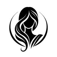 Elegant Black Silhouette of a Womans Head and Shoulders, Surrounded by a Circular Frame with Flowing Hair, Minimalist . vector