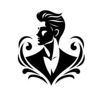 Stylized Portrait of a Man in a Suit with Swirling Ornaments, Black and White Minimalist . vector