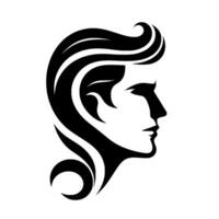 Silhouette of a stylish mans profile featuring bold black hair with flowing curves and elegant facial features, on a white background. vector
