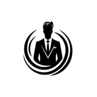 A stylized black silhouette of a man in a suit, encircled by arcs, set against a pristine white backdrop. vector