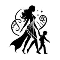 Silhouette of a Woman Child Walking Forward, DNA Strand Spiral Designs, with Sparkling Stars, in a minimalistic black and white style. vector