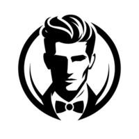 A monochrome illustration of a stylized mans head within a circular frame, wearing a bow tie and a suave hairstyle. vector