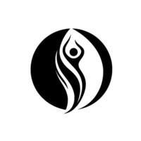A minimalist black and white , depicting a human figure with raised arms within a circle, symbolizing balance and harmony. vector