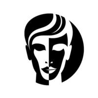 A striking, twotoned female face illustration, split vertically with opposing black and white halves, a minimalist and stylized portrait on a plain white background. vector