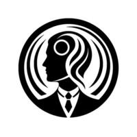 Silhouette of a person in a business suit, with swirling hair and an open circle above the head, within a black circle, representing thought. vector