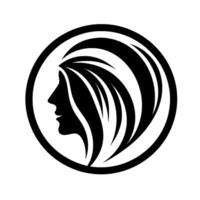 Elegant black and white silhouette of a womans face with flowing stylized hair, set within a circular frame, symbolizing beauty and grace. vector