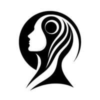Abstract Black and White Silhouette of a Womans Profile with Flowing Hair and a Circular Symbol. vector