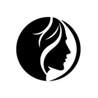Silhouette of a womans profile within a black circle, minimalist representing beauty, elegance, and feminine energy. vector