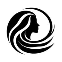 Silhouette of a womans profile with flowing hair, encompassed by a circular , rendered in black and white, evoking elegance and simplicity. vector