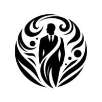 A stylized black and white of a businessman in a suit, surrounded by swirling organic shapes, set against a minimalist white background. vector
