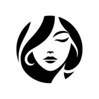Elegant minimalist illustration of a womans face, with closed eyes and flowing hair, rendered in black and white within a circular frame. vector