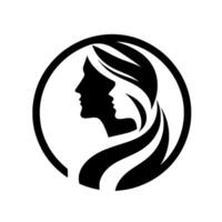 Elegant Black and White Silhouette of Two Womens Profiles Inside a Circle, Symbolizing Unity and Femininity. vector