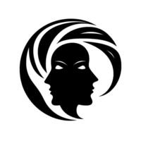 Symmetric, abstract artwork featuring two facing profiles in dark silhouette, encircled by stylized hair or energy lines, on a stark white background. vector