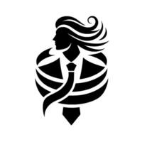 Silhouette of a man in a suit with flowing hair, enclosed within an abstract frame, set against a white background. vector