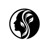 Silhouette of a womans profile with flowing hair, entwined with leaves, set within a black circle on a white background, symbolizing natural beauty and wellness. vector