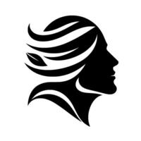 Black Silhouette of a Womans Profile with Flowing Hair Accented by Leaf Element on a White Background. vector