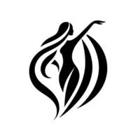Silhouette of a graceful woman with flowing hair and outstretched arm, encompassed within abstract, stylized black and white shapes. vector