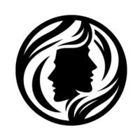 Symmetrical Silhouette of Two Profiles Enclosed Within a Circular Frame, Suggesting Unity, Harmony, and a Sense of Balance with Flowing HairLike Elements. vector