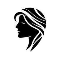 Silhouette of a womans profile, with flowing hair depicted in white lines, set against a stark white background, minimalist . vector