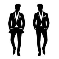 Silhouette Duo Two Stylish Men in Tuxedos, Posing with Hands in Pockets, Black and White Illustration on a White Background. vector
