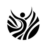 Abstract Black and White of an UpwardReaching Figure Inside a Circle of Flowing, Wavelike Strips Symbolizing Growth and Freedom. vector