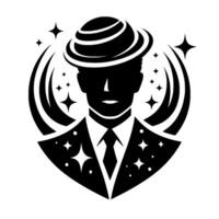 Silhouette of a suited man with a planetshaped hat and a cosmic aura, stars, and flowing lines in a minimalist black and white . vector