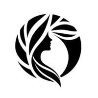 A stylized black and white featuring a womans profile with flowing hair, intertwined with organic leaflike shapes within a circular frame. vector