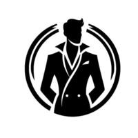 Stylish Silhouette A Dapper Gentleman in a DoubleBreasted Suit, Framed Within a Clean Circular , Representing Elegance and Confidence. vector