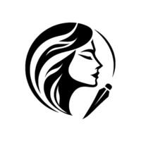 Elegant Silhouette of a Woman with Flowing Hair, Accented by a Makeup Brush, Within a Circular Frame, in a Black and White Minimalist . vector