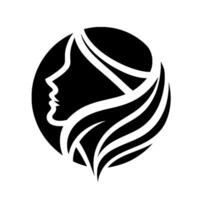 Elegant Black and White Silhouette of a Womans Profile with Flowing Hair, Set Within a Circular Frame, Exuding Sophistication. vector