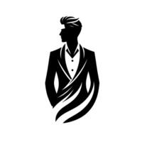 Silhouette of a dapper man in a formal suit with styled hair, looking left, rendered in highcontrast black and white art. vector
