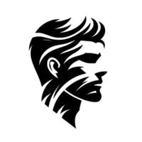 Bold Black and White Silhouette Portrait of a Stylish Man with a Modern, Hairstyle and Intricate Facial Detailing Against a Pure White Background. vector