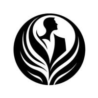 A minimalist, black and white featuring a mans silhouette framed within a circle of stylized, leaflike elements. vector