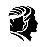 Symbolic, minimalist two stylized human profile silhouettes, one with layered hair, creating a contrast in form against white space. vector