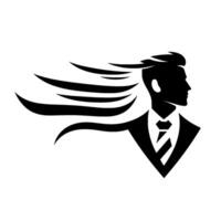 Silhouette of a businessman with flowing hair and a tie, in a dynamic pose suggesting motion and confidence, rendered in black and white with minimalist . vector