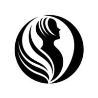A stylized black silhouette of a womans profile and hair within a circular frame, on a white background, suggesting elegance. vector