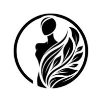 Silhouette of a woman adorned with stylized leaves within a circle, evoking nature and elegance. vector