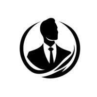 Silhouette of a businessman in a suit and tie, enclosed by a stylized circle with dynamic, fluid lines, on a white background. vector