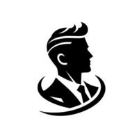 Silhouette of a stylish man in a suit with a modern hairstyle, enclosed by an elegant, curved frame, in monochrome. vector