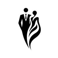 Minimalist black and white of a welldressed man and woman, resembling a couple or partnership, with flowing dress , standing on a white background. vector