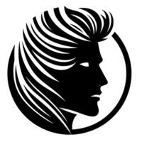 A stylized profile silhouette of a person with dramatic, flowing hair within a circular frame, presented in stark black and white, evoking sophistication. vector