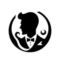 Elegant Silhouette of a Dapper Gentleman in a Tuxedo Within a Circular Emblem, Grayscale . vector