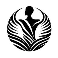 Silhouette of a human form with outstretched arms and flowing wings, enclosed within a circular , depicted in a minimalist black and white style. vector