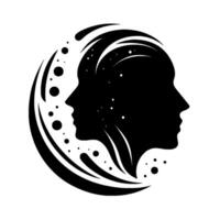 A stylized black and white illustration featuring two human profiles facing each other within a crescent shape, symbolic of interconnectedness, consciousness, and inner exploration, dotted with stars. vector