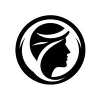 A minimalist black and white , a female profile within a circular frame. The silhouette embodies elegance, sophistication, and modernism. vector